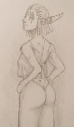 1girls ashelin_praxis ass big_ass elf female female_only from_behind hands_on_hips jak_and_daxter legs looking_at_viewer looking_back parted_lips pointy_ears sensual smile solo tank_top thighs thong traditional_media traditional_media_(artwork)