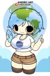 animated bandage black_eyes blue_hair brown_shorts chibi_style crop_top cute earth-chan green_hair holding holding_object huge_breasts looking_at_viewer nasa patreon seiro_art short_hair smile tagme thick_thighs thighhighs video wide_hips