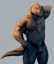 anthro balls dinosaur feathered_dinosaur feathers flaccid foreskin genitals hand_on_head hand_on_hip hi_res male muscular nude penis pose pubes reptile scales scalie simple_background solo standing theropod tyrannosaurid tyrannosaurus tyrannosaurus_rex zhaqez