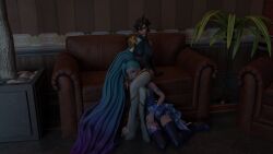 2girls 3d blue_hair choking crossed_legs domination female female_only femdom high_heels k/da_all_out_seraphine k/da_all_out_series latex latex_gloves latex_suit league_of_legends lezdom long_hair ponytail sentinel_vayne seraphine_(league_of_legends) short_hair vaybu vayne