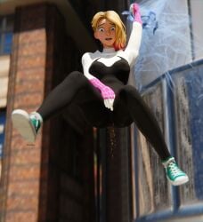 1girls asymmetrical_hair bodysuit desperation eyebrow_piercing female gwen_stacy gwen_stacy_(spider-verse) koofey marvel omorashi peeing peeing_self spider-gwen spider-man:_into_the_spider-verse spider-man_(series) urine urine_stream wetting wetting_clothing