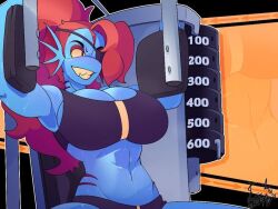 1girls 2d 2d_(artwork) 2d_artwork alternate_version_available anthro anthro_only big_breasts blue_body blue_skin breasts caboodle33 color crop_top eye_patch eyepatch female female_only fish gills gym huge_breasts looking_at_another machine muscular muscular_female red_hair sharp_teeth shorts smile solo spread_legs tagme undertale undertale_(series) undyne weightlifting workout workout_clothes yellow_eyes