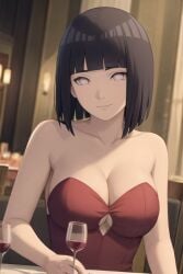 1girls ai_generated black_hair boruto:_naruto_next_generations busty cleavage date dinner_date evening female hi_res highres hyuuga_hinata milf naruto pixai red_dress restaurant short_hair sitting smile white_eyes wine wine_glass