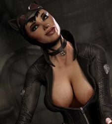 1girls 3d 3d_model areola areola_peek areolae areolae_slip batman:_arkham_city batman_(series) big_breasts black_leather breasts catsuit catwoman catwoman_(arkham) catwoman_(arkham_city) cleavage dc dc_comics female female_only leather_suit lipstick no_bra showing_off_breasts solo solo_female solo_focus unknown_artist unzipped villainess woman