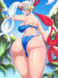 ass ass_focus big_breasts bikini breasts earphones female female_only headphones huge_ass looking_back multicolored_hair one_piece opalisart red_hair swimsuit thick_thighs thighs underboob uta_(one_piece) white_hair