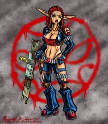 1girls ashelin_praxis big_breasts black_lipstick busty cleavage female female_only gloves green_eyes gun jak_and_daxter jeans large_breasts legs lipstick looking_at_viewer midriff navel pants pointy_ears pose posing red_hair sensual solo thighs thong thong_above_pants toned voluptuous weapon