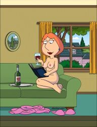 1milf accurate_art_style blackzacek clothes_on_floor completely_nude_female family_guy glass_of_wine living_room lois_griffin married_woman milf nude_female reading_book red_hair robe robe_removed solo_female