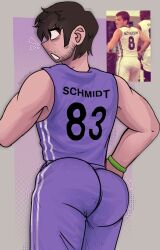 !! 1boy ass ass_focus basketball_uniform big_ass big_butt black_hair bubble_butt butt fat_ass fat_butt five_nights_at_freddy's five_nights_at_freddy's_(film) fully_clothed gay huge_ass huge_butt jersey josh_hutcherson male male_only mike_schmidt mixanprixa sfw solo text thick_ass thick_butt