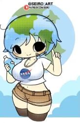 animated bandage black_eyes blue_hair brown_shorts chibi_style crop_top cute earth-chan green_hair holding holding_object huge_breasts looking_at_viewer nasa seiro_art short_hair smile tagme thick_thighs thighhighs video wide_hips