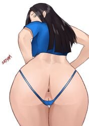 anus artist_name ass back black_hair blue_eyes blue_shirt cameltoe commentary english_commentary female female_only from_behind from_below highres looking_back nico_robin one_piece panties post-timeskip satyam_ssj10 shirt simple_background solo thigh_gap thighs underwear white_background