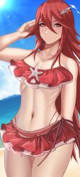 1girls alternate_costume arcedo bare_arms bare_legs bare_shoulders beach bikini bikini_skirt breasts cordelia_(fire_emblem) cordelia_(summer)_(fire_emblem) female fire_emblem fire_emblem_awakening fire_emblem_heroes hair_between_eyes hair_ornament long_hair looking_at_viewer medium_breasts midriff nintendo ocean official_alternate_costume outdoors red_bikini red_eyes red_hair red_swimsuit smile solo source_request sunlight swimsuit thighs very_long_hair wide_hips