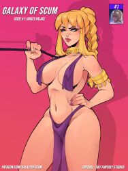 2d astra_(galaxy_of_scum) big_ass big_breasts blonde_hair blue_eyes cleavage collar comic_cover curvaceous curvy_body curvy_female curvy_figure emmanuel_viola evviart galaxy_of_scum harem_girl harem_jewelry harem_outfit leash leash_and_collar leash_pull makeup patreon pelvic_curtain ponytail sci-fi science_fiction slave slave_outfit slavegirl thick_legs thick_thighs webcomic wide_hips