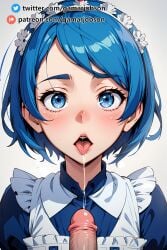 ai_generated blue_hair blush gamarjobson maid maid_headdress maid_uniform open_mouth penis_out pov_eye_contact short_hair_bangs