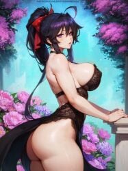 1girls ahoge ai_assisted ai_generated akeno_himejima ass ass_peek back bangs bare_arms bare_legs bare_shoulders black_dress black_hair curvy dress dress_lift earrings erotic_nansensu flower from_side hair_ribbon high_ponytail high_school_dxd huge_breasts jewelry lace large_breasts pink_flower ponytail purple_eyes purple_flower red_ribbon side_slit sideboob stable_diffusion thick_thighs voluptuous wide_hips