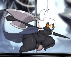 1_horn 2023 angry anthro arthropod ass axe axoarts balls big_balls big_butt black_body blue_cape cape champion_(character) clothing digital_media_(artwork) fan_character genitals half-closed_eyes hi_res holding_axe holding_object holding_weapon hollow_knight horn insects inside male male_only melee_weapon narrowed_eyes on_ground orange_eyes running solo solo_male tan_clothing tan_thong tan_underwear team_cherry teapot_(body_type) thick_thighs thong underwear vessel_(species) weapon white_horn