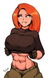 1girls abs aleksandrgav belly belly_button big_breasts breasts busty clothed disney disney_channel disney_xd female female_only fit fit_female freckles ginger ginger_hair gloves green_eyes huge_breasts kim_possible kimberly_ann_possible large_ass light-skinned_female light_skin mostly_clothed nipple_bulge orange_hair red_hair toned toned_female tummy white_background