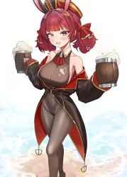 :d absurdres adapted_costume alcohol animal_ears bare_shoulders beer_mug black_pantyhose breasts cleavage covered_navel cup fake_animal_ears female hat heterochromia highres hololive hololive_fantasy hololive_japan houshou_marine houshou_marine_(1st_costume) large_breasts long_hair mug open_mouth pantyhose playboy_bunny rabbit_ears red_eyes red_hair shio05_(05_sio) sleeves_past_wrists smile solo teeth virtual_youtuber yellow_eyes
