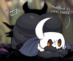 1_horn 2023 anal anthro anthro_only arthropod ass ass_up axoarts big_butt black_body blue_cape cape champion_(character) clothing digital_media_(artwork) duo english_text fan_character gay hi_res hollow_knight horn insects inside looking_back male male/male oral orange_eyes rimming rimming_male rock sex shade_(hollow_knight) shadow team_cherry teapot_(body_type) text thick_thighs vessel_(species) white_horn