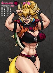 2d abs american_football_uniform blonde_hair bowsette bulge cleavage dickgirl flexing football_uniform huge_breasts mario_(series) muscles muscular new_super_mario_bros._u_deluxe raiounsfw red_eyes sharp_teeth smile solo sports_uniform super_crown