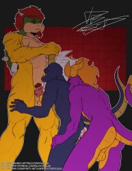 3boys 5_fingers absurd_res activision anthro anthro_on_anthro anthro_penetrated anthro_penetrating anthro_penetrating_anthro backsack balls biped bodily_fluids bowser countershade_face countershade_tail countershade_torso countershading cum cum_in_ass cum_in_mouth cum_inside dragon fellatio fingers gay genital_fluids genitals group group_sex hi_res horn koopa male male/male male_penetrated male_penetrating male_penetrating_male mario_(series) nintendo oral penetration penile penis purple_body raccoondouglas scalie sex spyro spyro_the_dragon tail threesome trio vein veiny_penis yellow_body