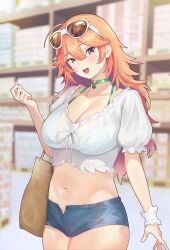 :d absurdres bag blue_shorts breasts choker crop_top curvy eyewear_on_head female green_choker hair_between_eyes highres holding holding_bag hololive hololive_english hololive_myth large_breasts midriff navel official_alternate_costume open_fly open_mouth orange_hair puffy_short_sleeves puffy_sleeves red_eyes revision shio05_(05_sio) shirt shopping short_shorts short_sleeves shorts smile solo stomach sunglasses takanashi_kiara takanashi_kiara_(2nd_costume) virtual_youtuber white-framed_eyewear white_shirt