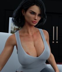 3d 3d_model big_breasts black_hair cleavage icstor jeans linda_(milfy_city) milf milfy_city tank_top