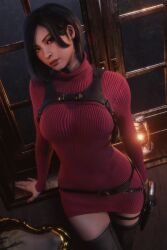 1female 3d ada_wong black_eyes black_hair body_harness capcom female gun hourglass_figure leather_boots leg_weapon_holster medium_breasts red_sweater red_turtleneck_sweater resident_evil resident_evil_2 resident_evil_2_remake resident_evil_4 resident_evil_4_remake revolver ria-neearts seductive_stare sexy_hips