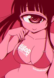 artist_name bikini blunt_bangs breasts cyclops cyclops_girl english_text hitomi_sensei_no_hokenshitsu manaka_hitomi monoeye one_eye pink_filter red_background shake-o