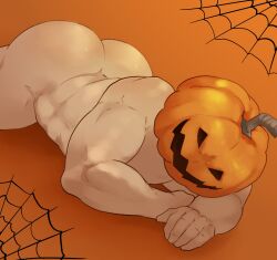 1boy abs ass ass_focus back back_muscles bara big_ass big_muscles big_pecs daddy dilf gay halloween humanoid light_skin light_skinned_male lying male male_only muscular muscular_humanoid muscular_male nude object_head pecs pumpkin pumpkin_head rickpenman solo yaoi