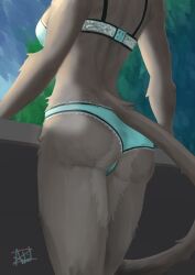 androidz anthro ass bra breasts clothed clothing digital_media_(artwork) digital_painting_(artwork) female fur haplorhine hi_res japanese_macaque lace low-angle_view macaque mammal monkey monkey_girl old_world_monkey pai_(androidz) panties primate rear_view simple_background solo thick_thighs underwear wide_hips