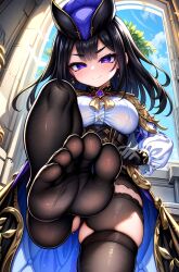 1girls 5_toes ai_generated bed bedroom big_breasts black_hair black_legwear breasts clorinde_(genshin_impact) clothed feet feet_up female female_focus female_only foopanthia foot_fetish foot_focus from_below genshin_impact hi_res highres legwear long_hair looking_at_viewer looking_down pov purple_eyes self_upload smile smiling smug sole_female soles soles_of_feet_in_socks solo standing stepped_on stockings teasing thick_thighs thighs toes