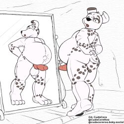 animate_inanimate anthro balls belly belly_inflation big_belly canid canine canis cudacore dalmatian domestic_dog erection genitals hi_res inflation living_plushie male male_only mammal navel navel_popping outie_navel pascal_(cudacore) paws penis plushie solo