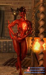 3d baldur's_gate baldur's_gate_3 barbarian dungeons_and_dragons fantasy female forgotten_realms half_devil horns karlach muscles nude nudity render scar tall tattoo tattoos tiefling