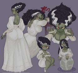 1girls black_hair bride_of_frankenstein cleavage curvy dress green_skin no_mouth sixbensoap tagme wedding_dress wet_clothes white_streak yellow_eyes