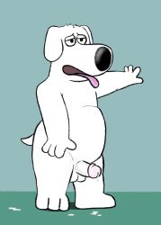 after_sex anthro balls bodily_fluids brian_griffin canid canine canis cum cum_dripping_from_penis domestic_dog family_guy gay genital_fluids genitals hi_res humanoid_genitalia humanoid_penis looking_tired male mammal penis slightly_chubby solo spurdies