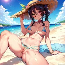 ai_generated beach_background bikini glasses hairy_pussy heterochromia summer_hat sweaty_body