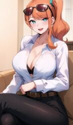 1girls ai_generated bra breasts female hips huge_breasts long_hair nintendo office_lady orange_hair pokemon pokemon_ss side_ponytail sonia_(pokemon) stable_diffusion stuffyai thick_thighs thighs wide_hips