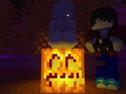 1boy 1girls ass big_ass big_butt jack-o'-lantern looking_at_viewer lucy_the_wolf minecraft mystic100 mystic_(mystic100) pale_wolf_(minecraft) pumpkin round_ass round_butt smiling smiling_at_viewer wolf_(minecraft)