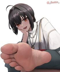 1ambiguous ambiguous_gender barefoot black_hair blush fate/samurai_remnant fate_(series) feet foot_fetish footer@unyaaan looking_at_viewer pov pov_eye_contact pov_feet presenting_feet saber saber_(fate/samurai_remnant) smile smiling_at_viewer soles solo toes yamato_takeru yamato_takeru_(fate)