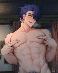 1boy abs asaifrit bedroom big_pecs blue_hair blush covering_nipples gay happy_trail honkai:_star_rail male_only muscular muscular_male nude pubic_hair sampo_(honkai_star_rail) tongue_out v-line visible_breath white_highlights yaoi