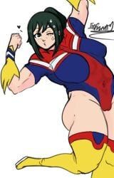 1girls all_might_(cosplay) big_ass big_breasts blue_clothing boku_no_hero_academia boots breasts clothed cosplay costume female female_only flexing_arms flexing_bicep green_eyes green_hair hero_outfit_(mha) inko_midoriya light-skinned_female light_skin long_hair lsfruna mature mature_female midoriya_inko milf my_hero_academia open_mouth ponytail pose posing posing_for_the_viewer signature smooth_skin solo solo_female sparkling_eyes standing_on_one_leg thick_ass thick_thighs tied_hair white_background wink winking winking_at_viewer yellow_boots