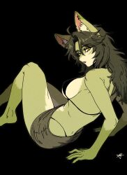 1girls 2023 anchovy_(cursedanchovy) big_breasts bra breasts canine claws cursedanchovy female female_only freckles furry furry_only green_body green_fur green_hair inner_ear_fluff looking_at_viewer open_mouth signature simple_background wolf wolf_ears wolf_girl yellow_eyes