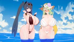 2girls 3d alternate_hairstyle areola_slip areolae beach bikini blue_eyes blue_hair blush ceres_fauna curvy female flower_in_hair flower_ornament gigantic_breasts green_eyes green_hair hololive hololive_english hololive_english_-council- hololive_english_-promise- huge_ass huge_breasts koikatsu looking_at_viewer ouro_kronii seaside slingshot_swimsuit sunglasses sunglasses_on_head thick_thighs twintails virtual_youtuber wet wet_body wide-brimmed_hat wide_hips