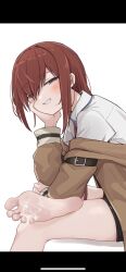 1girls blush cum cum_between_toes cum_on_feet feet foot_fetish foot_focus kahlua_(artist) looking_at_viewer makise_kurisu pov pov_eye_contact pov_feet screenshot soles solo solo_female steins;gate toes