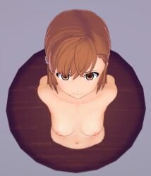 3d_model breasts brown_eyes brown_hair death female_death misaka_mikoto naked nude short_hair smile taxidermy to_aru_kagaku_no_railgun wall