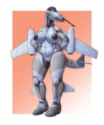 2023 absurd_res aeromorph aircraft airplane angry anthro bertha_(chad012) big_breasts blue_eyes breasts cannon chubby_female colored cross dark_nipples female genitals gradient_background grey_body grumpy hands_on_hips hi_res iron_cross jet living_aircraft living_machine living_vehicle machine me_262 messerschmitt navel ndragon3 pussy simple_background solo striped_body stripes vehicle wheels world_war_2