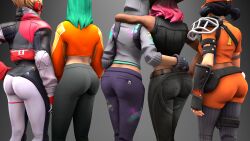 5girls ass back_view beyondthemaze big_ass big_butt calamity_(fortnite) clothed clothed_female clothing epic_games fastball female female_only fortnite fortnite:_battle_royale fully_clothed rear_view sunbird take_your_pick teknique versa_(fortnite)