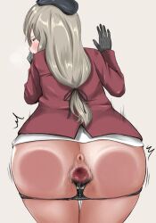 1boy anal_hair anus ass blush brown_eyes censored clothed_sex female from_behind girls_und_panzer grey_hair invisible_penis leaning_forward long_hair mature_female open_mouth p_kotarou panties panty_pull ponytail pubic_hair pussy pussy_juice sex sex_from_behind shimada_chiyo straight torogao underwear vaginal_penetration