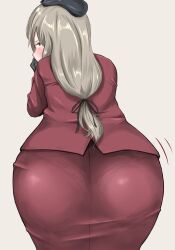 ass blush brown_eyes formal from_behind girls_und_panzer grey_hair leaning_forward long_hair looking_at_viewer looking_back mature_female p_kotarou ponytail shimada_chiyo skirt skirt_suit solo suit