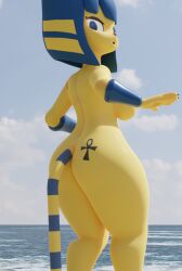 3d 3d_(artwork) 3d_model animal_crossing ankha ankha_(animal_crossing) ankha_(hazeker) anthro ass blender_(software) blender_cycles butt_tattoo doubutsu_no_mori female furry hazeker nairu_(doubutsu_no_mori) nintendo skippyarts solo tattoo water